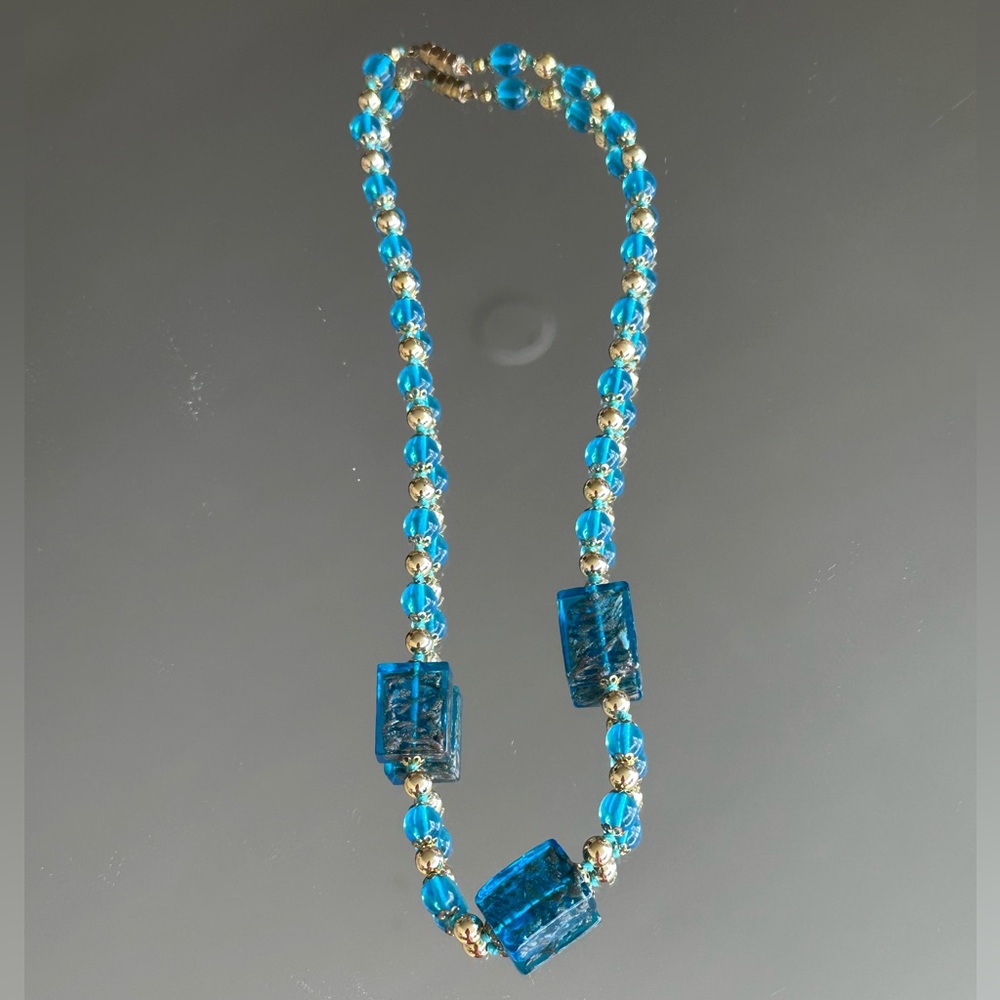 Turquoise blue and gold Murano glass bead necklace